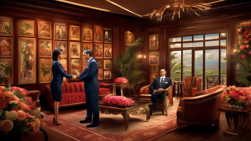 Create an image of a luxurious cigar lounge with intricate wooden decor. In the foreground, depict E.P. Carrillo, a distinguished man in a suit, shaking hands with Lissette Pérez-Carrillo, a professio