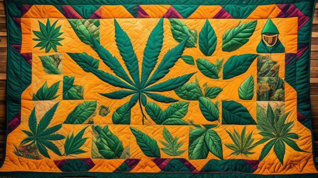 Create a detailed image of a vibrant, hand-sewn quilt. Each square of the quilt represents different aspects of marijuana culture, including imagery of cannabis leaves, smoking accessories, and peacef