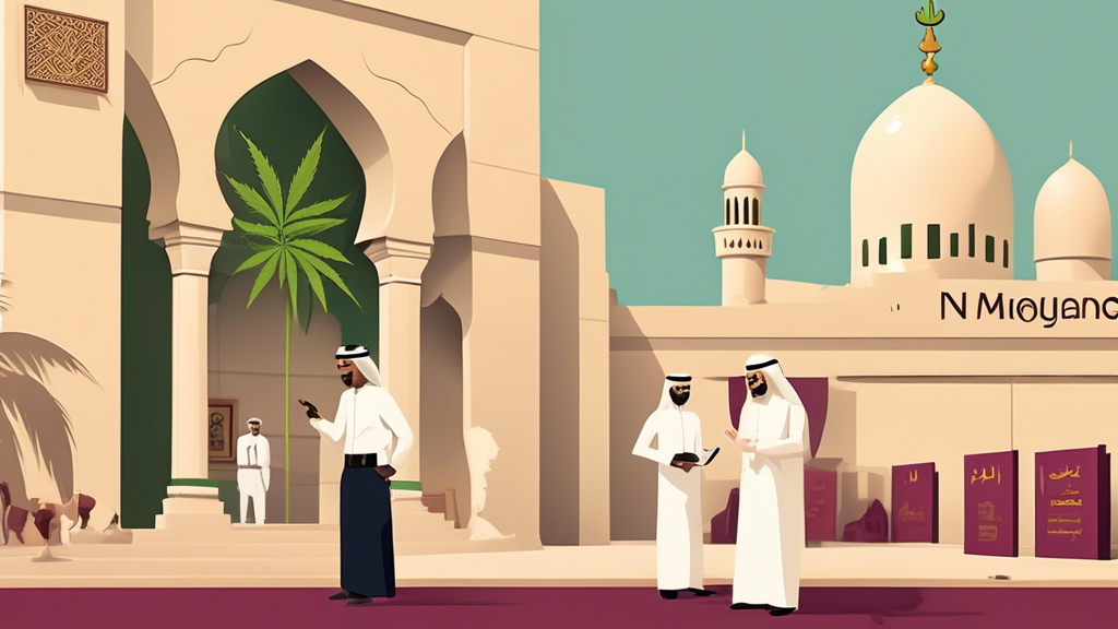 Create an illustration that depicts a no-nonsense, informative scene about marijuana laws in Qatar. Feature a prominent sign that reads No Marijuana in English and Arabic, set against a backdrop of tr