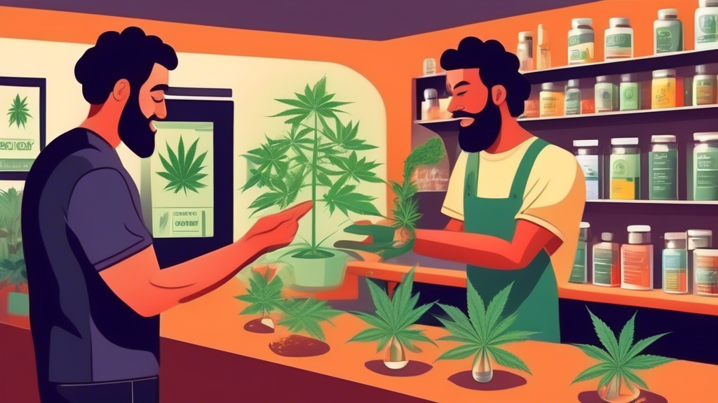 A knowledgeable budtender explaining the essential facts about various cannabis strains and their effects to an intrigued customer in a modern, welcoming dispensary