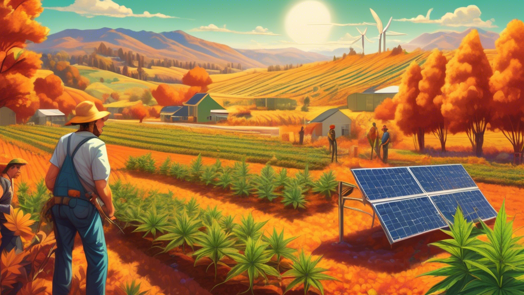 Create an image depicting a vibrant Autumn landscape set in California, with vast fields of cannabis plants thriving under the sun. In the foreground, depict sustainable agricultural practices such as