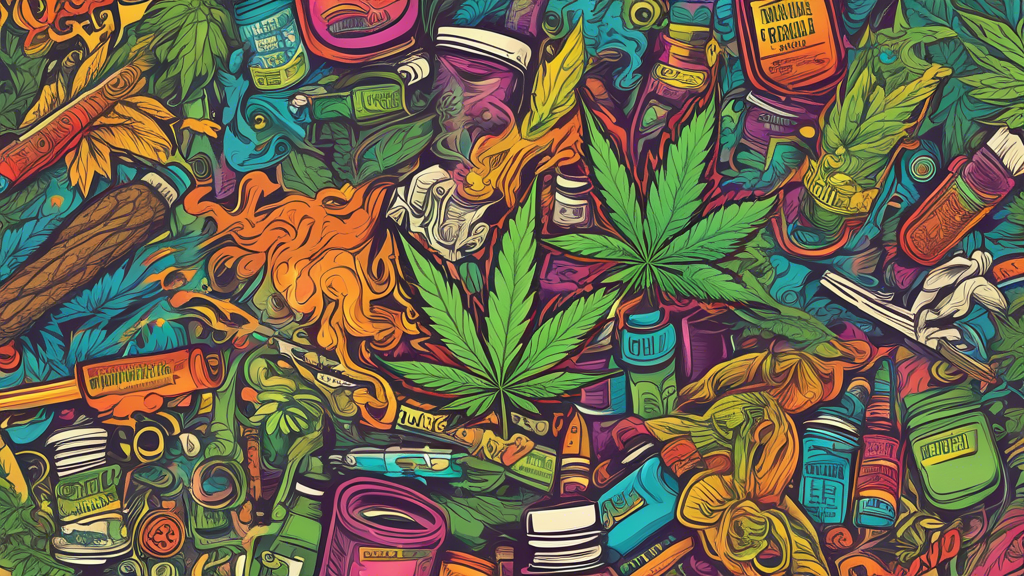 Create an illustration featuring a variety of marijuana joints, each labeled with different common slang terms like doobie, blunt, spliff, jay, and roach. The background should be a relaxed, artistic 