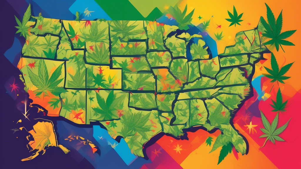 Create a detailed illustration showing a map of the United States with three states highlighted in vibrant colors, symbolizing potential marijuana legalization. Surround the map with symbols of voting