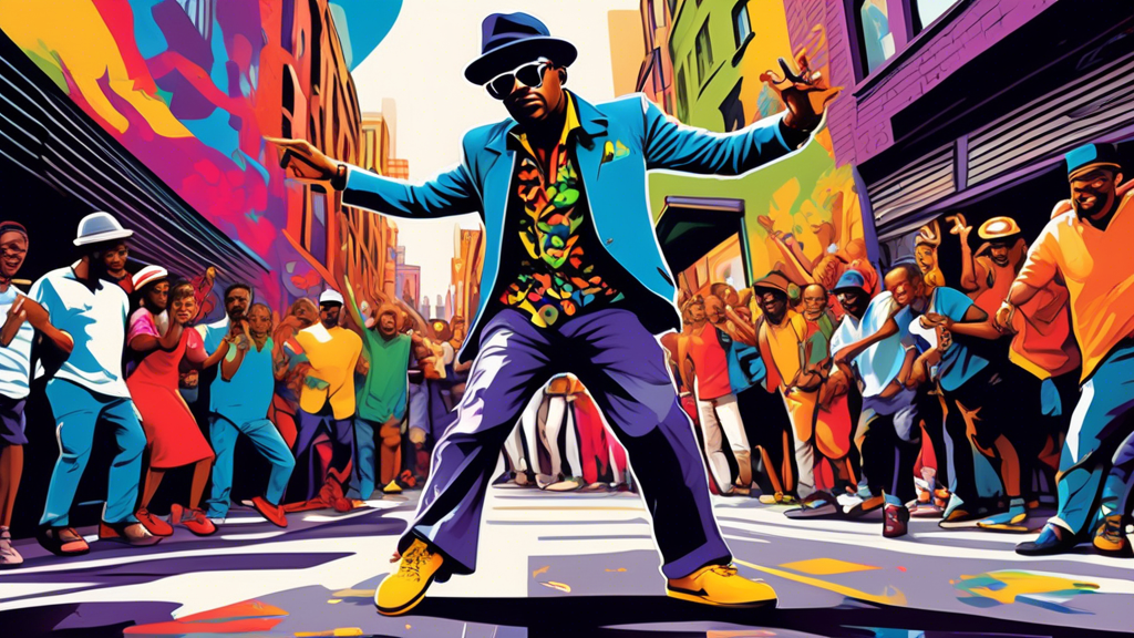 Create an image of Fab 5 Freddy in a vibrant, bustling urban street scene. The street has colorful murals and graffiti art, people dancing, breakdancers performing, and street musicians playing. There