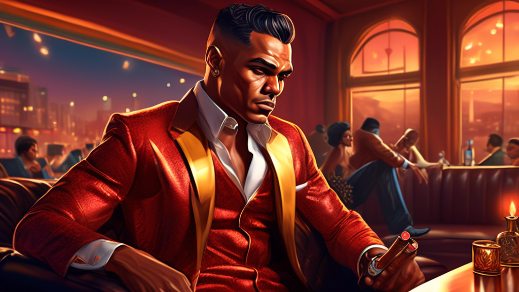 Create a vibrant, detailed illustration of a celebratory scene featuring Robeisy 'El Tren' Ramírez, the renowned boxer, in a stylish setting. He is holding his first cigar with a sense of pride and ac