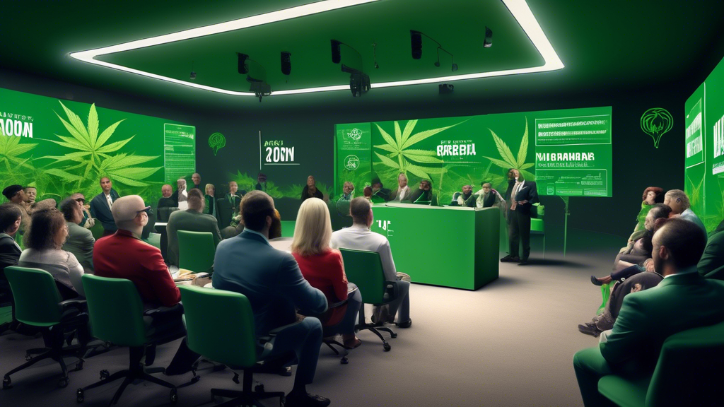 Create an image of a political debate room in 2024 with a diverse group of politicians and experts discussing federal marijuana legalization. The room should have a modern, high-tech feel, with screen