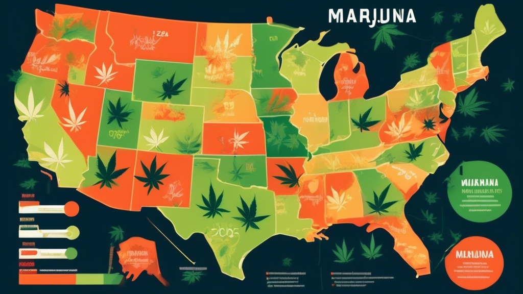 Create an infographic-style image of the United States map for 2024, showcasing the status of marijuana legalization across different states. Use vibrant colors to differentiate between states with fu