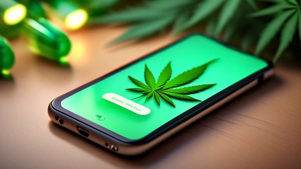 A high-resolution digital illustration showing a sleek, modern smartphone screen with a new marijuana leaf emoji being highlighted in a messaging app. Surrounding the phone are hints of cannabis cultu