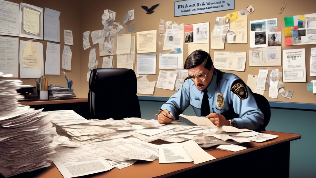 Create an image that depicts a perplexed individual at a desk filled with papers, labeled Legal and Illegal, while looking at a letter from the DEA with a question mark hovering above their head. Behi