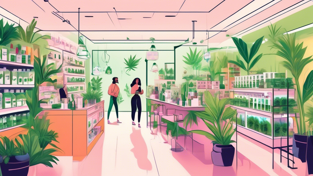 A bustling, modern marijuana dispensary with sleek, well-lit interior; shelves stocked with various cannabis products like edibles, oils, and flowers; customers browsing and engaging with knowledgeabl