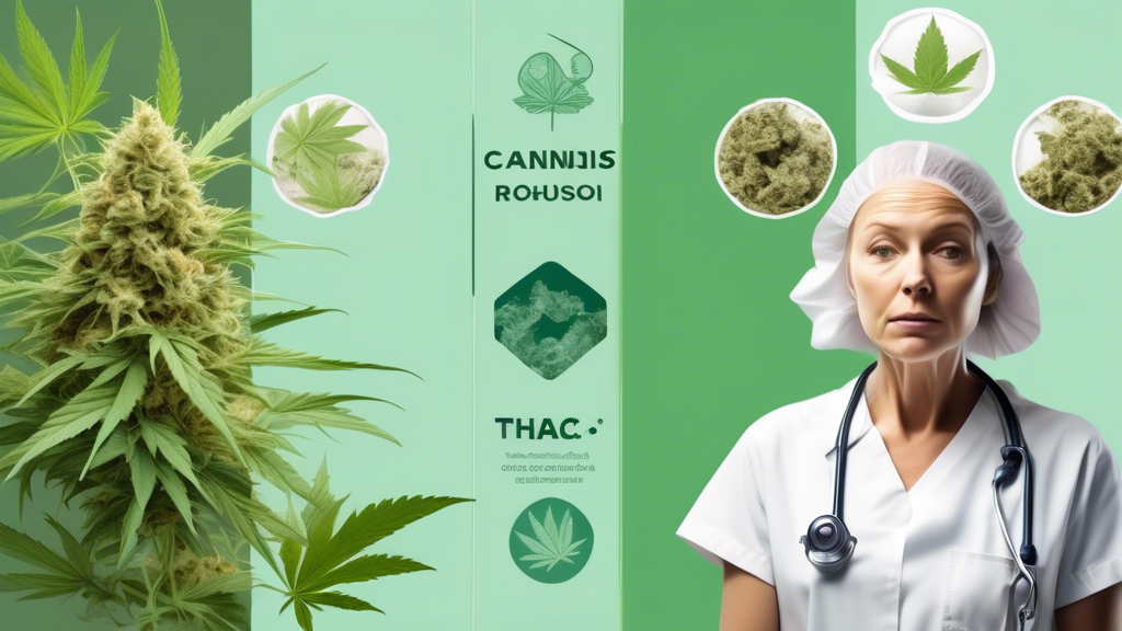 Create a high-resolution image featuring a split-screen design: one side showcases a serene, healing environment with natural elements like THCA-rich cannabis leaves and medical imagery, representing 