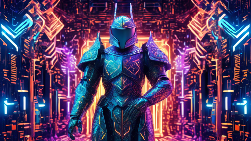 An image of a majestic digital knight clad in shining armor, made of intricate circuit boards and glowing with neon lights, standing guard over a swarm of colorful, dynamic vectors that form complex g