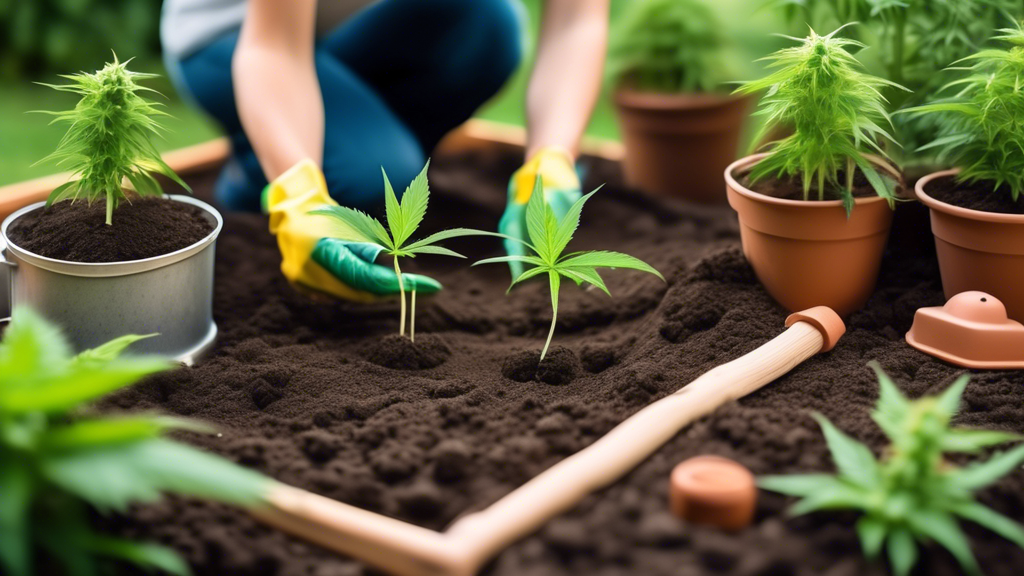 Create an image of a serene outdoor garden scene where a person is carefully planting marijuana seeds into nutrient-rich soil. The setting should include gardening tools, gloves, and watering can. Emp