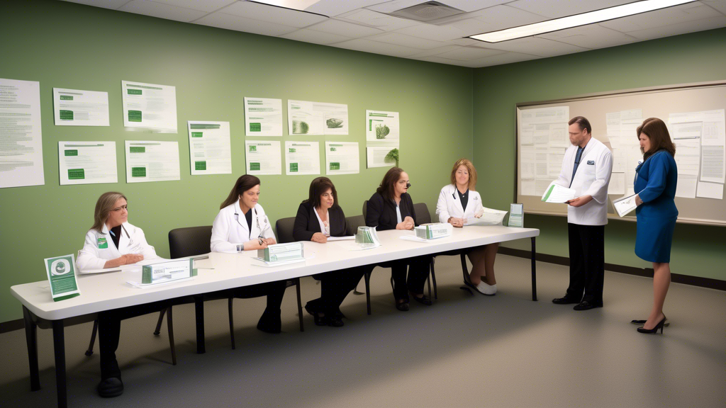 Create an image depicting representatives from the American Nurses Association formally submitting documents to officials from the DEA, emphasizing the setting as a formal government meeting. Display 