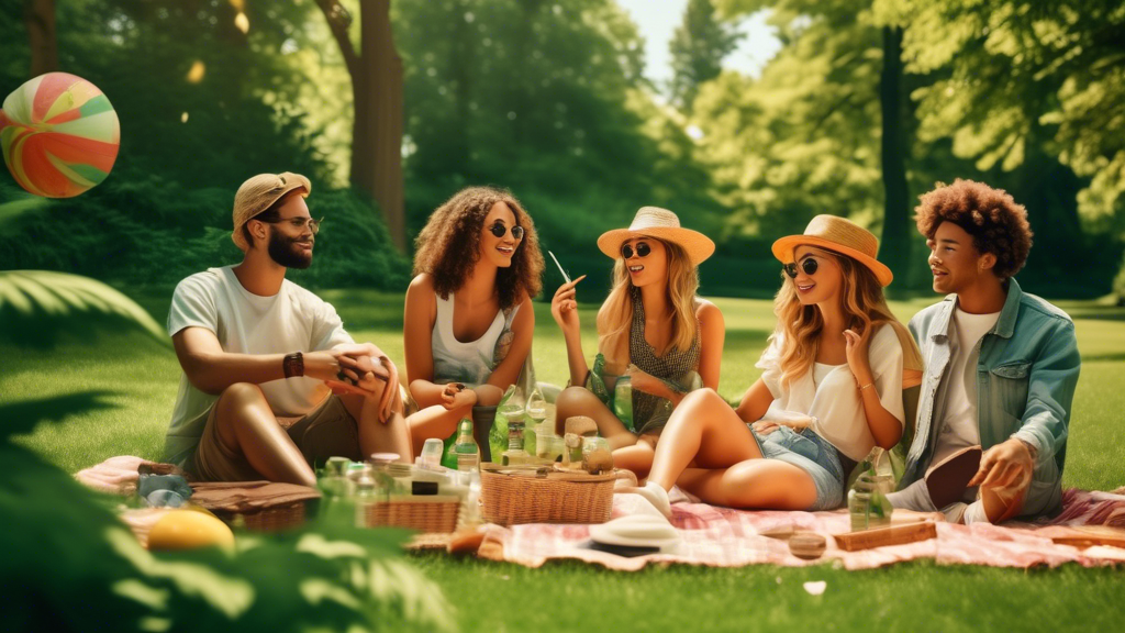 Create an image of a bright summer scene featuring a group of friends relaxing in a lush, green park. Some are lounging on picnic blankets, others are playing frisbee, and a couple are enjoying a leis