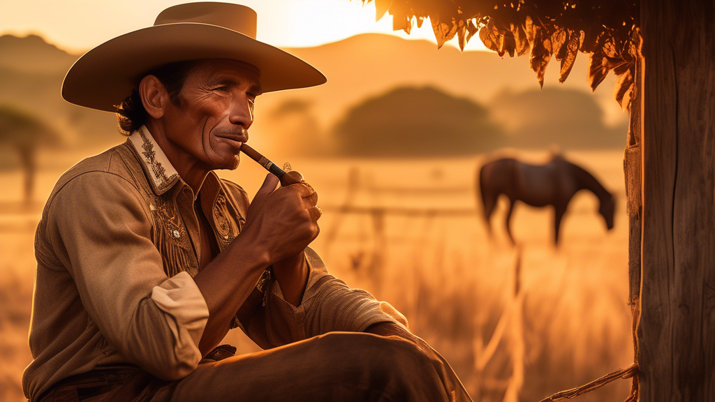 Create an image of a Cuban cowboy named Orlando Mendez savouring his first cigar. The scene should be set in the Cuban countryside, with Orlando dressed in traditional Cuban cowboy attire, including a