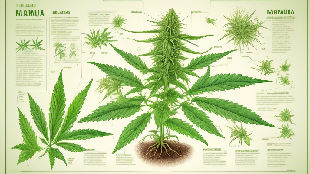 Create an intricate, scientifically detailed illustration of a marijuana plant. Include various parts of the plant such as leaves, buds, roots, and stems, each labeled with their respective names. The