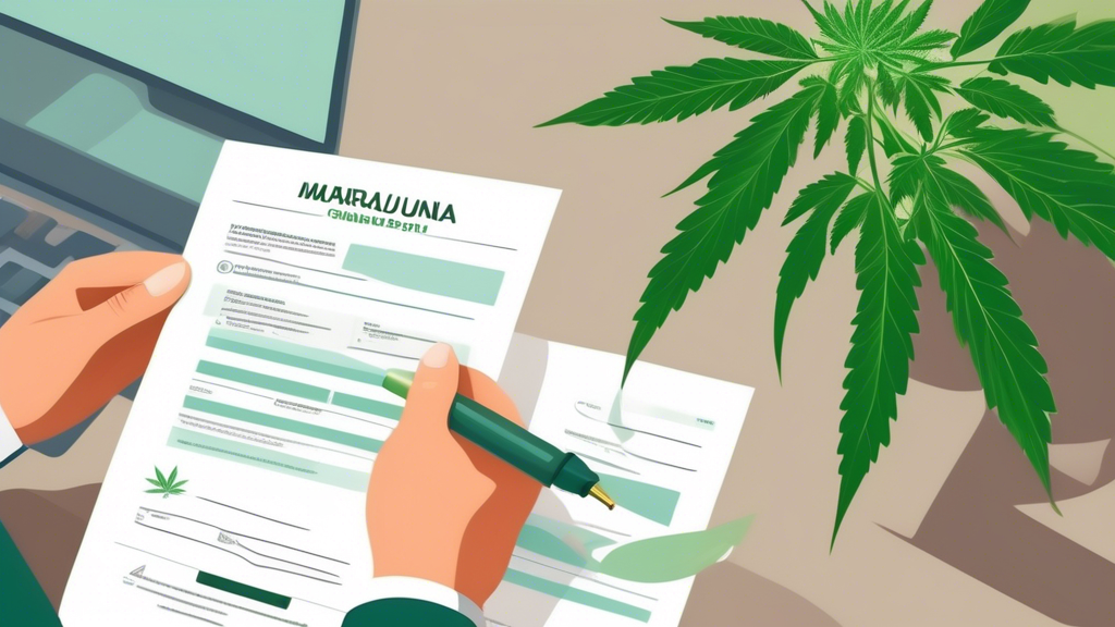 Create an image that illustrates a professional step-by-step guide for obtaining a marijuana license. The image should include visuals of key steps such as filling out forms, submitting documents, att