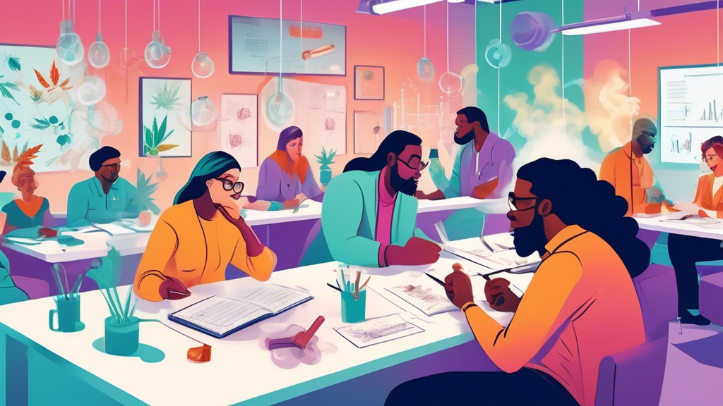 A group of diverse adults comfortably seated in a modern, well-lit research lab, smoking joints under professional supervision. Lab equipment, notebooks, and charts on cannabis smoking guidelines are 