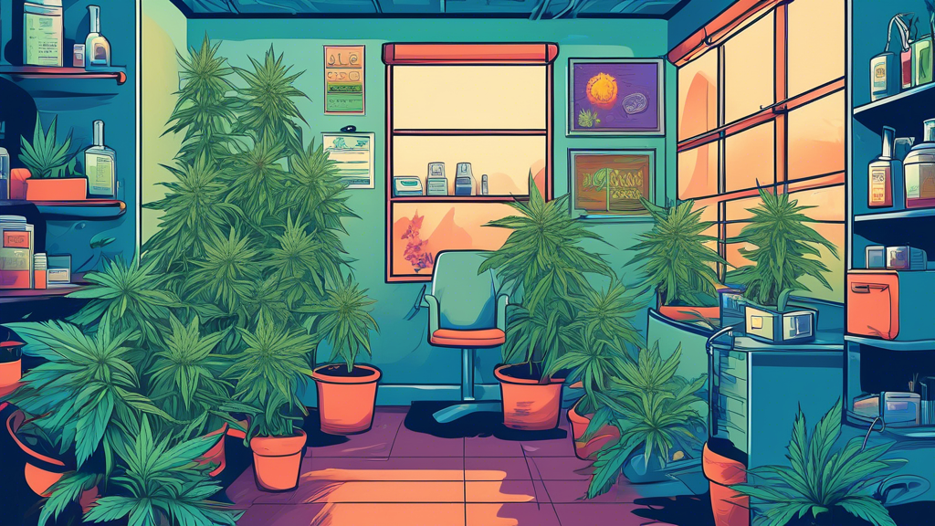 Create a detailed and vibrant illustration featuring a serene medical clinic environment with various marijuana plants labeled as top strains for migraine relief. Each plant is uniquely colored and sh