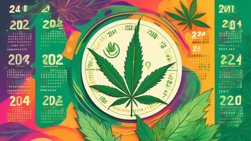 Create an image of a 2024 calendar set against a vibrant background with cannabis leaves artistically integrated into the design. Highlight specific dates with circles or markers, and include icons su