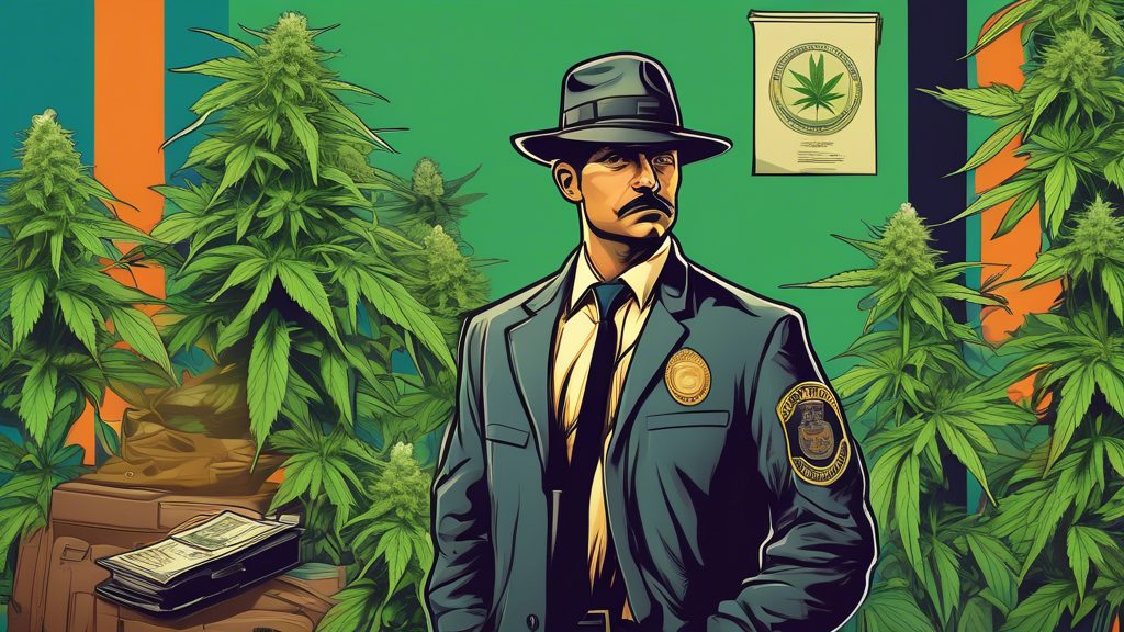 Create an image showing a California Cannabis Division detective, dressed in professional attire with a badge visible, standing in front of a backdrop featuring both cannabis plants and firearms. The 