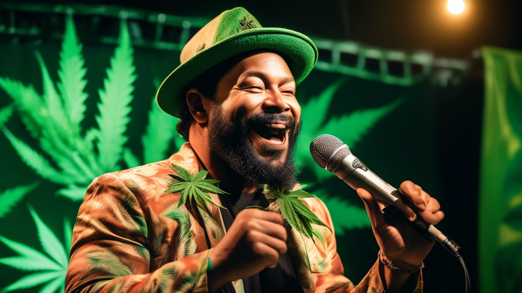 Create a vibrant and engaging image of Ngaio Bealum, a charismatic comedian and cannabis advocate, performing on stage. He has a microphone in one hand and a cannabis leaf in the other, with a diverse