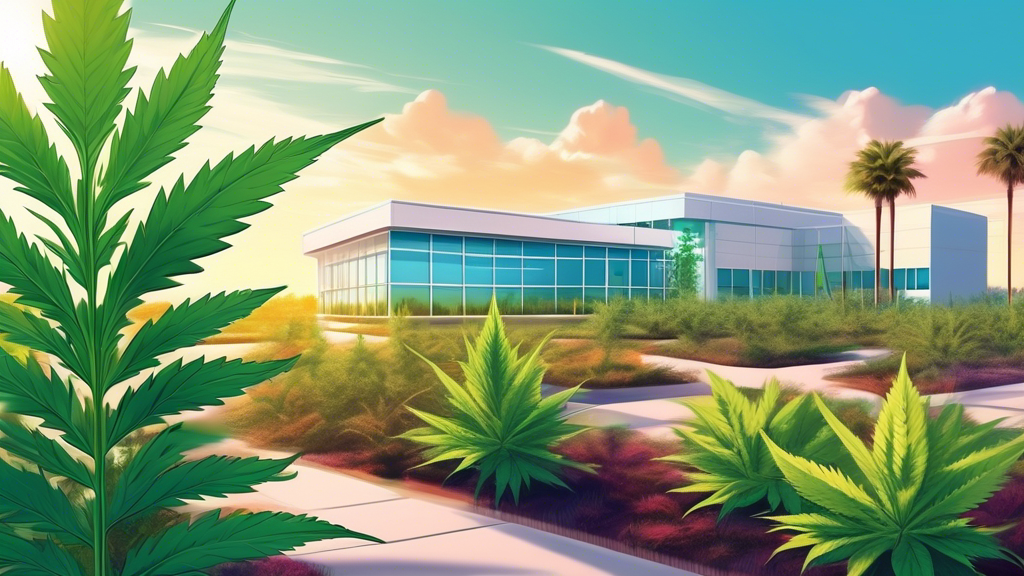 Digital illustration of a serene Florida landscape with medical marijuana plants in the foreground and a modern clinic in the background, under a bright, sunny sky.