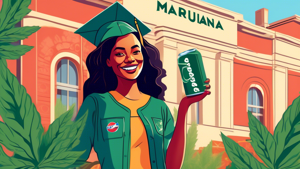 Create a digital illustration of a confident, smiling woman named Marijuana Pepsi standing proudly in front of a university building with a graduation cap in hand. Surround her with subtle, positive e