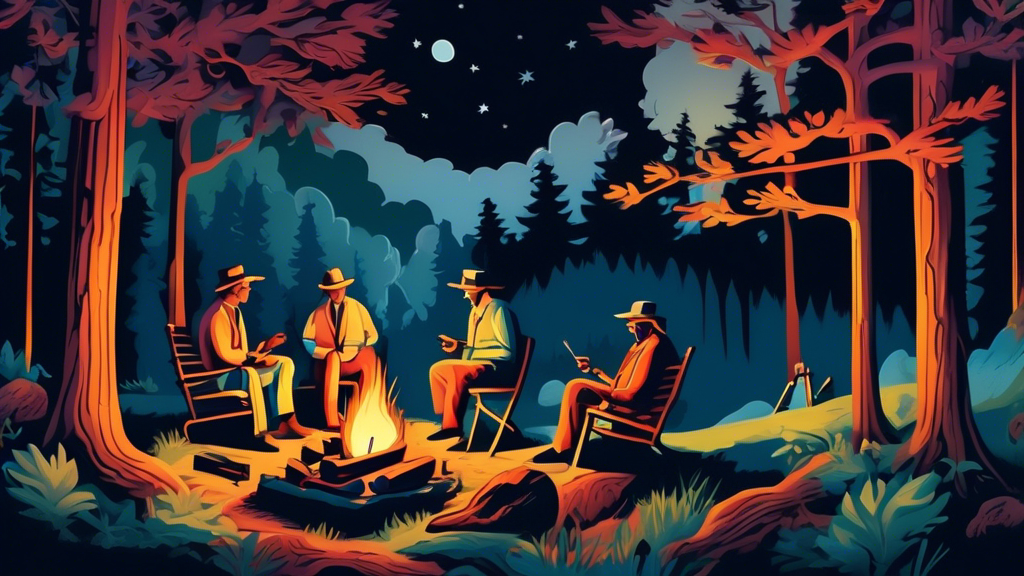 A serene, smoky woodland scene with elegantly illustrated figures enjoying Backwood cigars around a campfire under the enchanting glow of the moonlight.