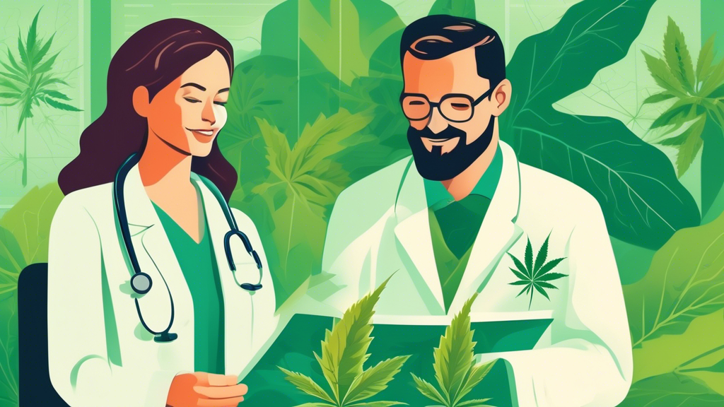 Illustration of a friendly doctor and patient discussing medical marijuana in a modern, welcoming clinic, with a map showing nearby locations in the background, surrounded by soft green leaves and subtle cannabis plant motifs.