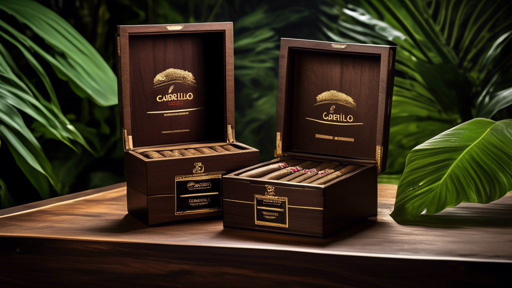 Create an image of two luxurious cigar boxes set side by side on a rich, dark wooden table. One box is labeled E.P. Carrillo Essence Series Sumatra featuring a lush, green tropical landscape with toba