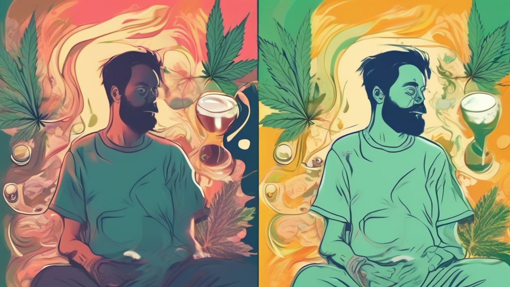 Create an image showing a split screen comparison between the effects of marijuana and alcohol. On the left side, illustrate the effects of marijuana with a person looking relaxed and calm, surrounded