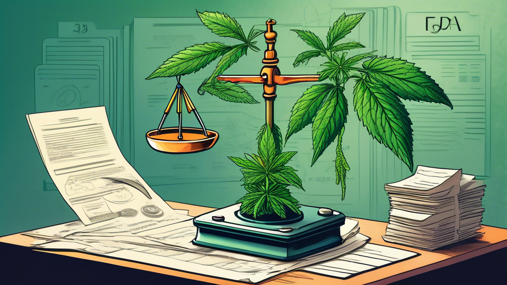 A detailed illustration showing a cannabis plant balancing on a scale with the number 3, surrounded by legal documents and scientific research papers. An authoritative government building, like the FD