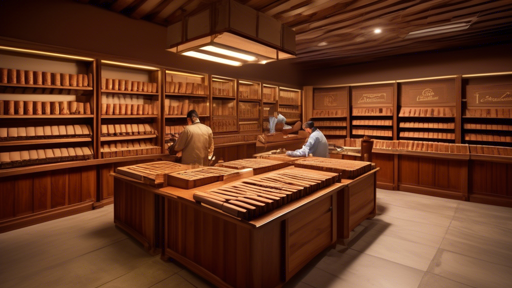 Create a detailed image of workers in the Tabacalera A. Fuente factory meticulously packaging luxurious cigars. Show the vibrant and well-organized workspace, where employees handle cigars with great 