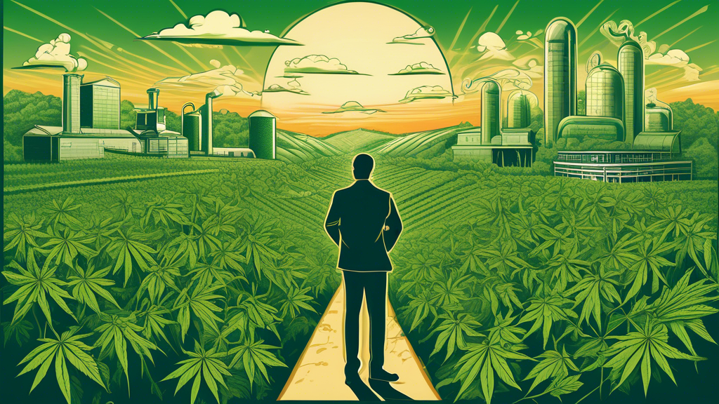 Create an image of a confident Massachusetts cannabis regulator standing in front of a sprawling, diverse cannabis industry landscape, including cultivation farms, dispensaries, and research labs. The