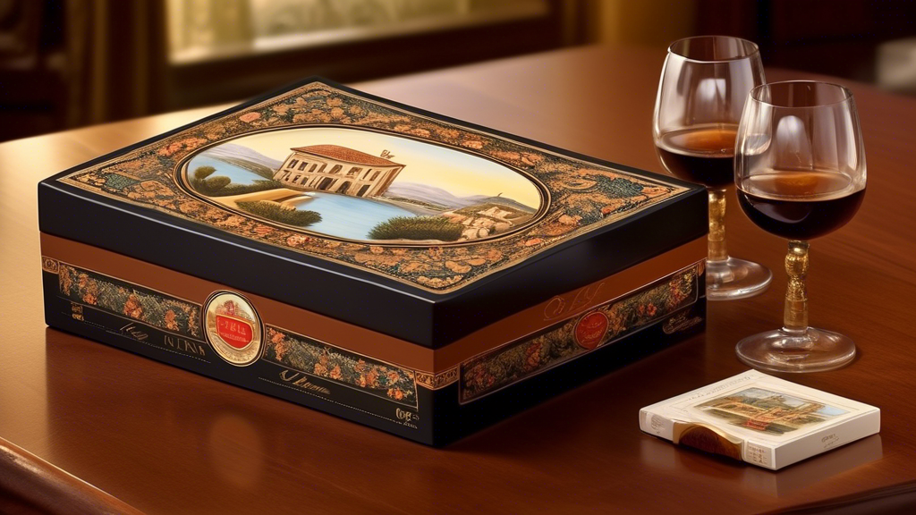 Create a realistic image showcasing a beautifully designed box of Saint Luis Rey La Cuna cigars, adorned with intricate regional artwork, placed prominently on an elegant table. The setting should inc