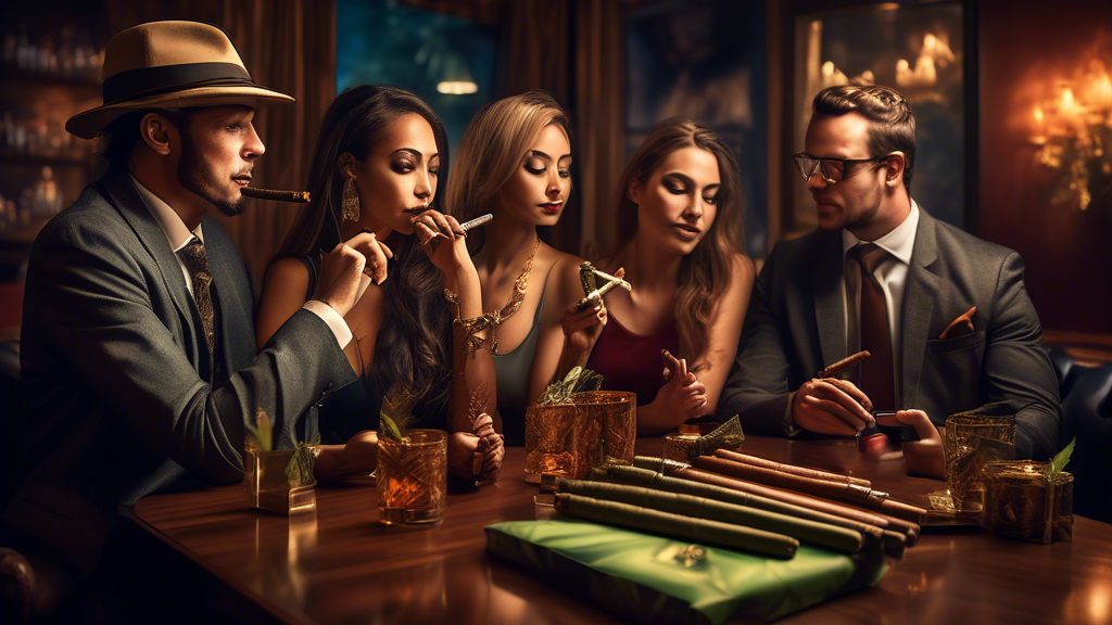 Create a highly detailed and vibrant image of people enjoying marijuana cigars in a sophisticated social setting. The atmosphere should be relaxed and inviting, with individuals of diverse backgrounds