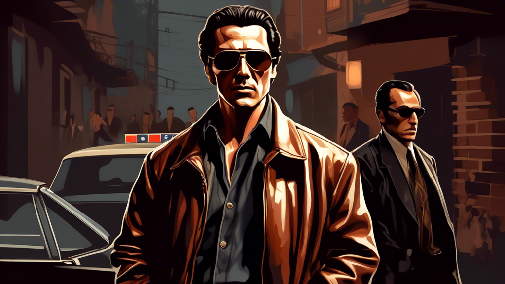 Create an image of an undercover FBI agent who closely resembles Donnie Brasco. He is dressed in 1970s attire, complete with a leather jacket, aviator sunglasses, and a confident yet cautious expressi