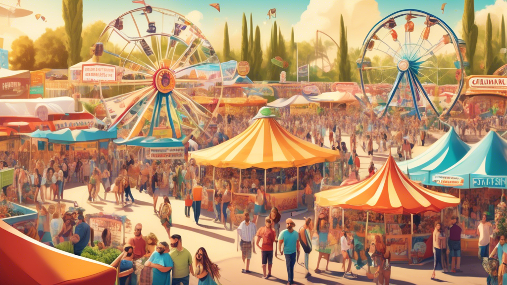 Create an image of a lively California State Fair during a sunny day. Include vibrant booths and tents showcasing various cannabis products, like edibles and flowers, with informative signs and happy 