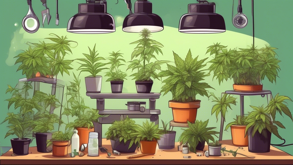 Create a detailed illustration of a beginner-friendly indoor gardening setup focused on marijuana clones, complete with labeled components such as grow lights, soil pots, humidity dome, and pruning sh