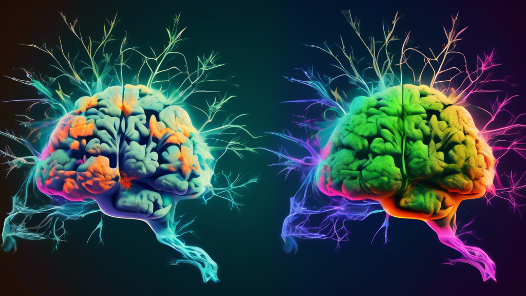 Create a detailed illustration showing the effects of marijuana on dopamine levels in the brain. Include imagery of brain neurons and synapses, highlighting the interaction of THC with dopamine recept