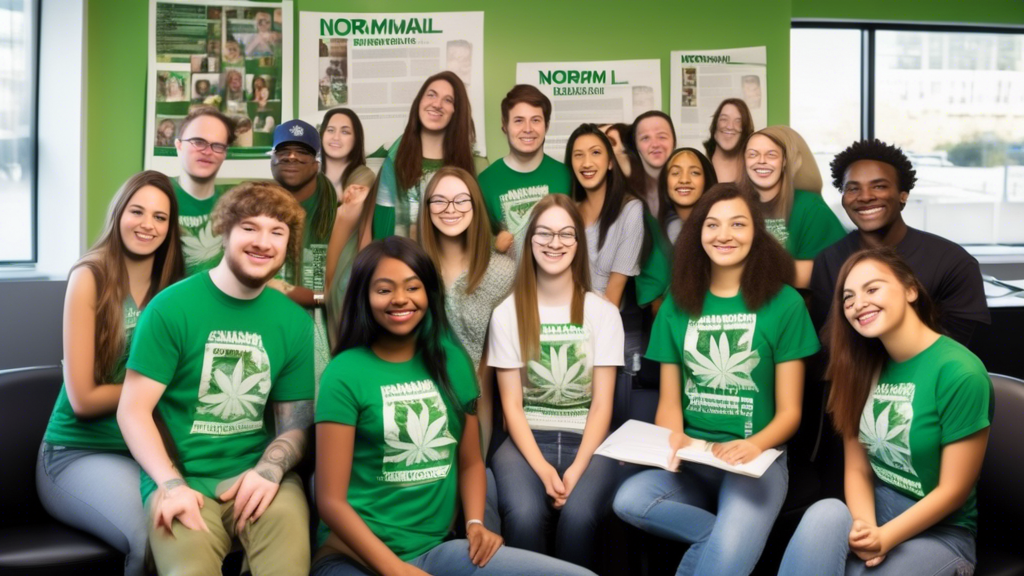 Create an image of a diverse group of enthusiastic interns working at a modern office with the NORML (National Organization for the Reform of Marijuana Laws) logo prominently displayed. The interns ar