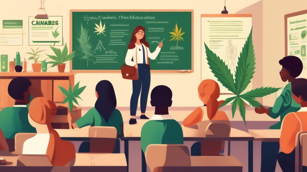 Create an illustration that showcases a comprehensive guide to cannabis education. The image should depict a classroom setting where a diverse group of students are attentively listening to a teacher.