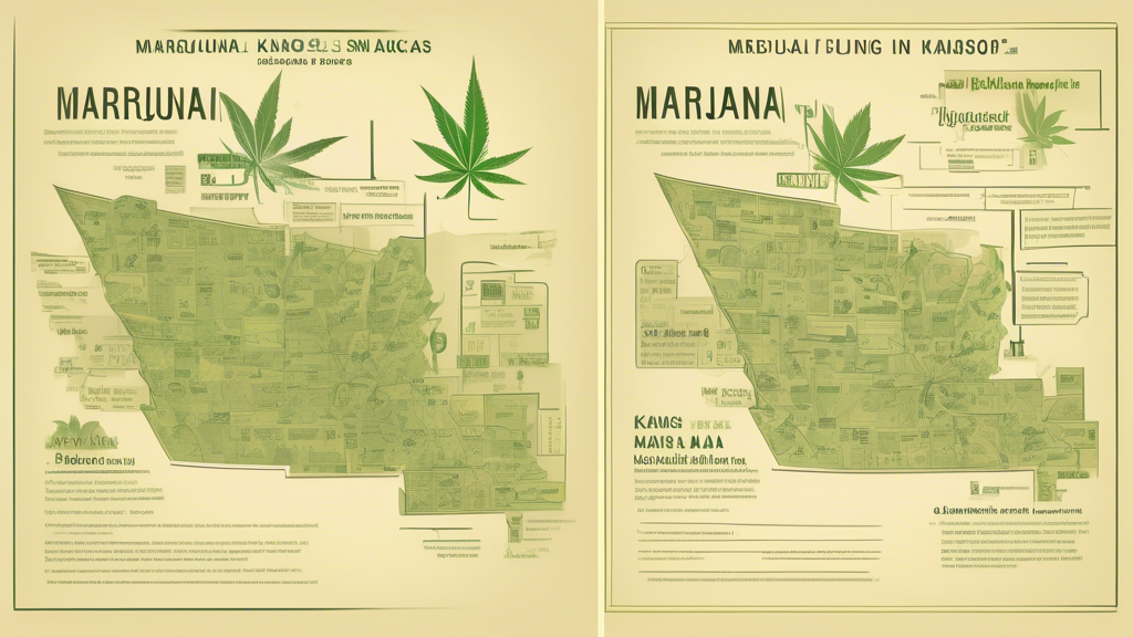 Create a digital illustration depicting the current status and future outlook of marijuana laws in Kansas. Present a split image: one side shows the present with an outline of Kansas marked 'Illegal,'