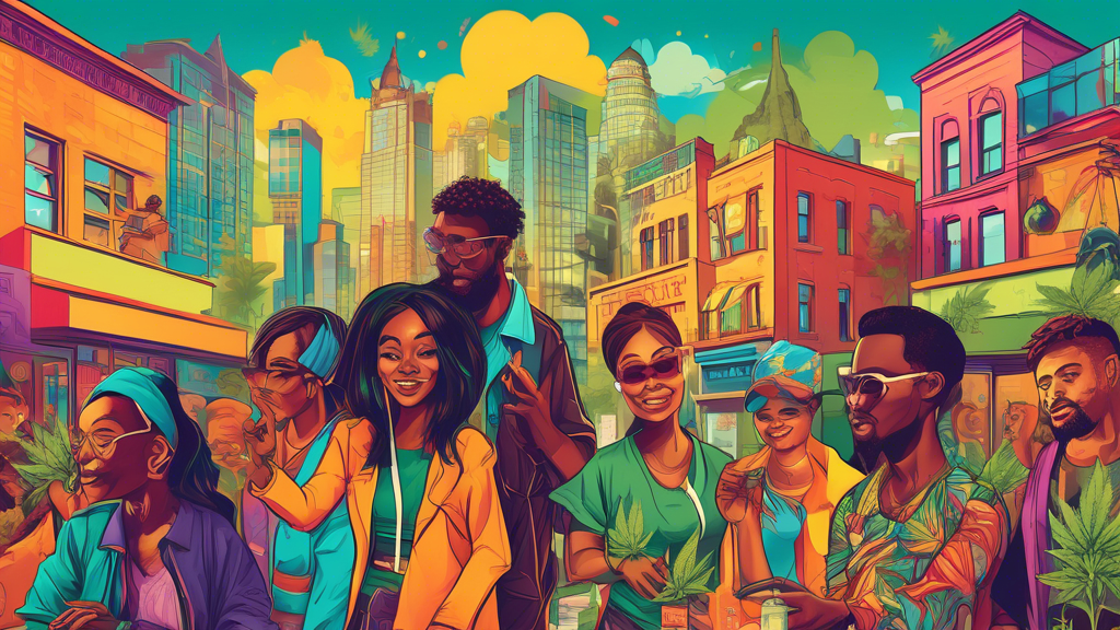 An illustration of diverse individuals representing different races and ethnicities, each engaging in marijuana-related activities such as using, discussing, or purchasing. The background features a v