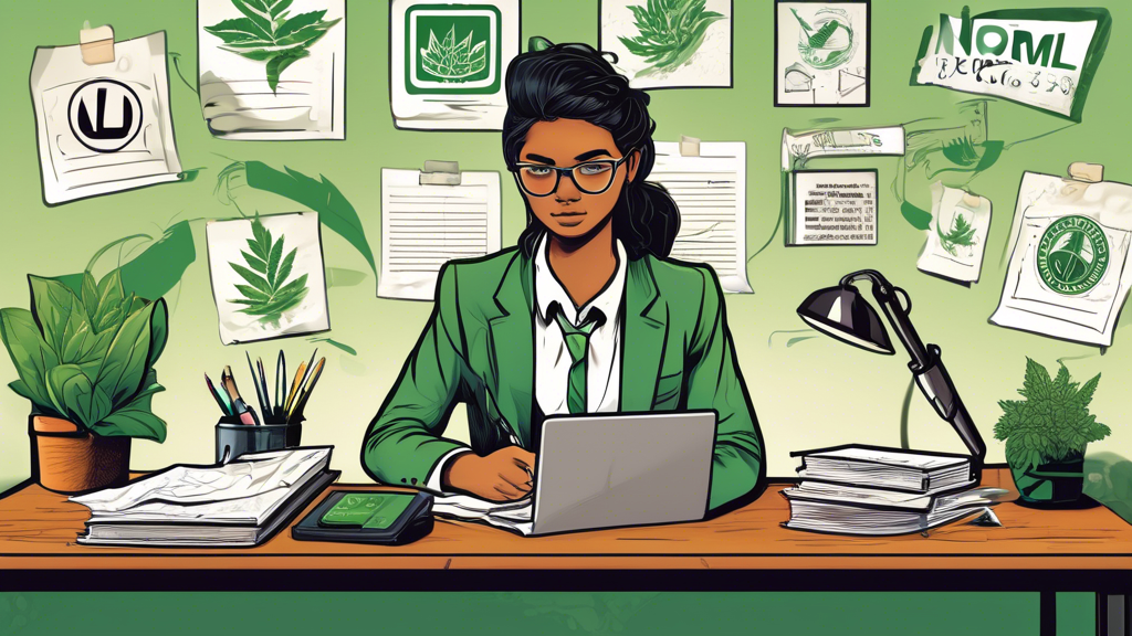 Create an illustration showing a young intern working at a desk in a modern office with the logo 'NORML' on the wall. Surrounding them, depict images that symbolize legal reform, such as law books, a 