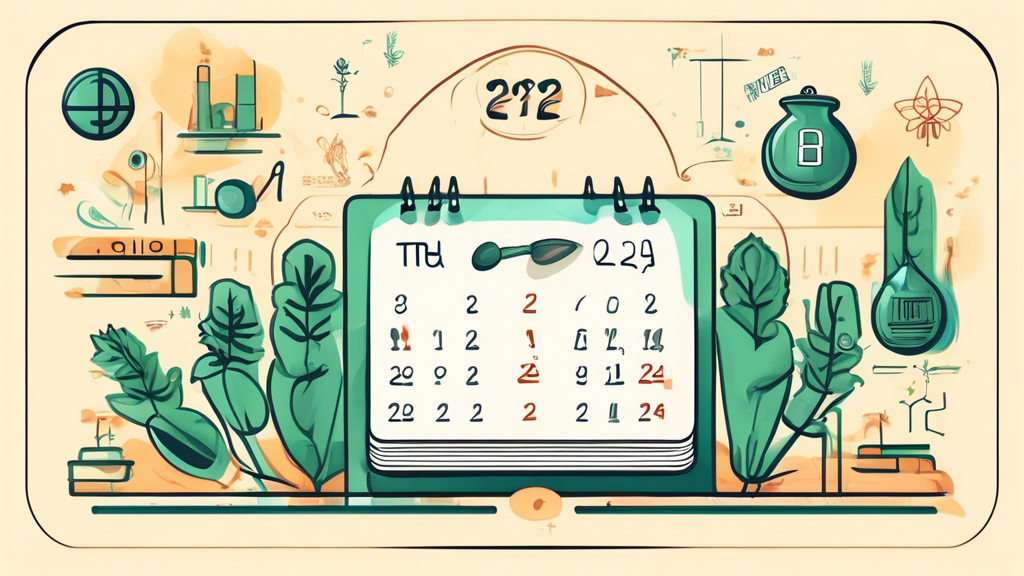 Create an illustration showing a futuristic calendar with the year 2024 prominently displayed. Below it, depict a balanced scale with a marijuana leaf on one side and a book with Reclassified written 