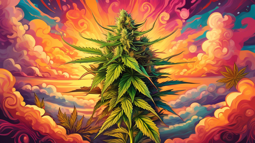 Create an image of a lush, vibrant cannabis plant with dense buds labeled as Chocolope, in the center of the composition. Surrounding it are swirling, blissful clouds and abstract elements that evoke 