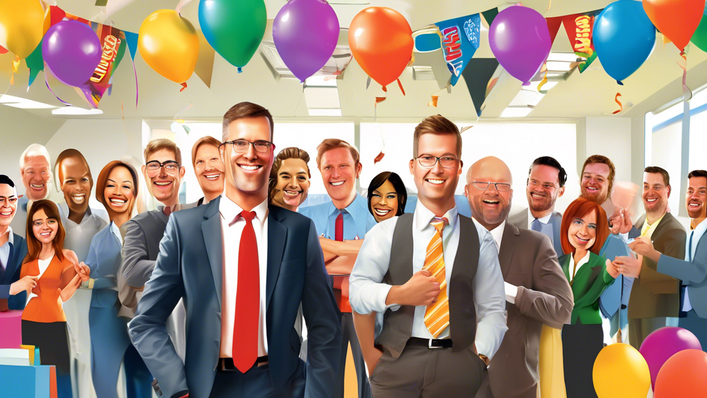 Create a professional and dynamic office scene featuring Mike Palmer being congratulated by colleagues as he's appointed as the National Sales Manager for Pospiech Distribution. Include elements like 